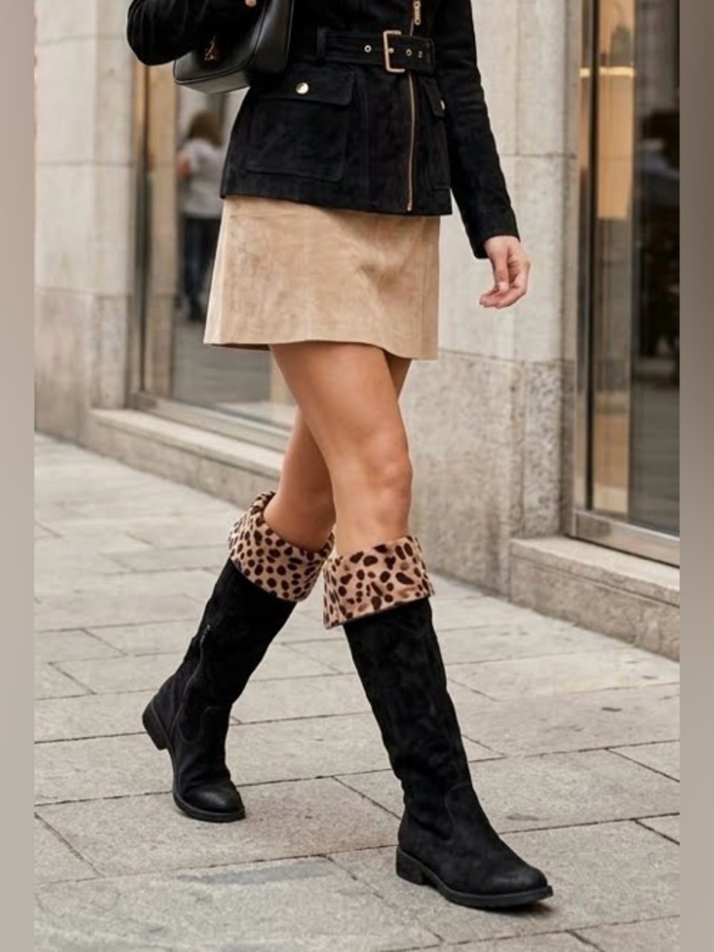 BORN Borman Boho Black Distressed Suede Knee Boots Leopard Cuff 8 MSRP $260 NWT